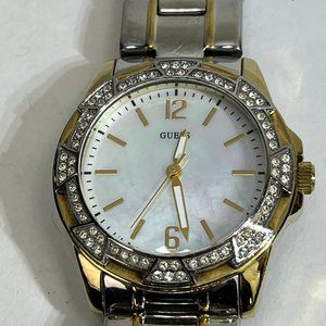 Men’s Vintage GUESS Unisex Watch Gold Diamond Silver Pearl Face NEW Battery